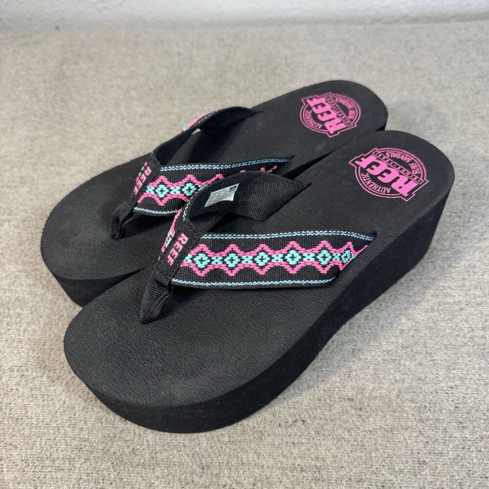 Reef Sandy Hi Black Malibu Flip Flop Platform Sandals Vacation Casual Y2K Size 7